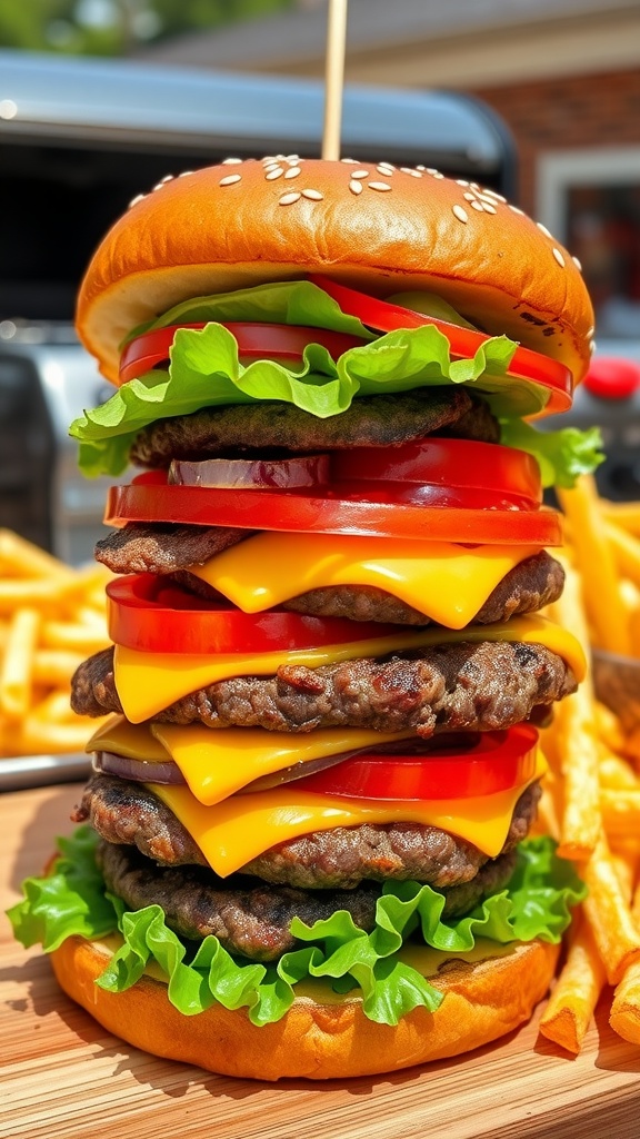 A delicious triple steak burger with cheese, lettuce, tomato, and onion on a sesame seed bun, accompanied by fries in a sunny barbecue setting.